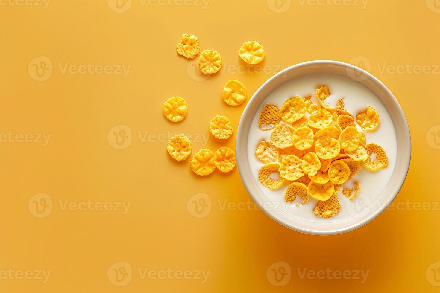 gastos generales ver de un cuenco de Leche con cereal, conjunto en contra un amable naranja degradado fondo, Mañana tema foto