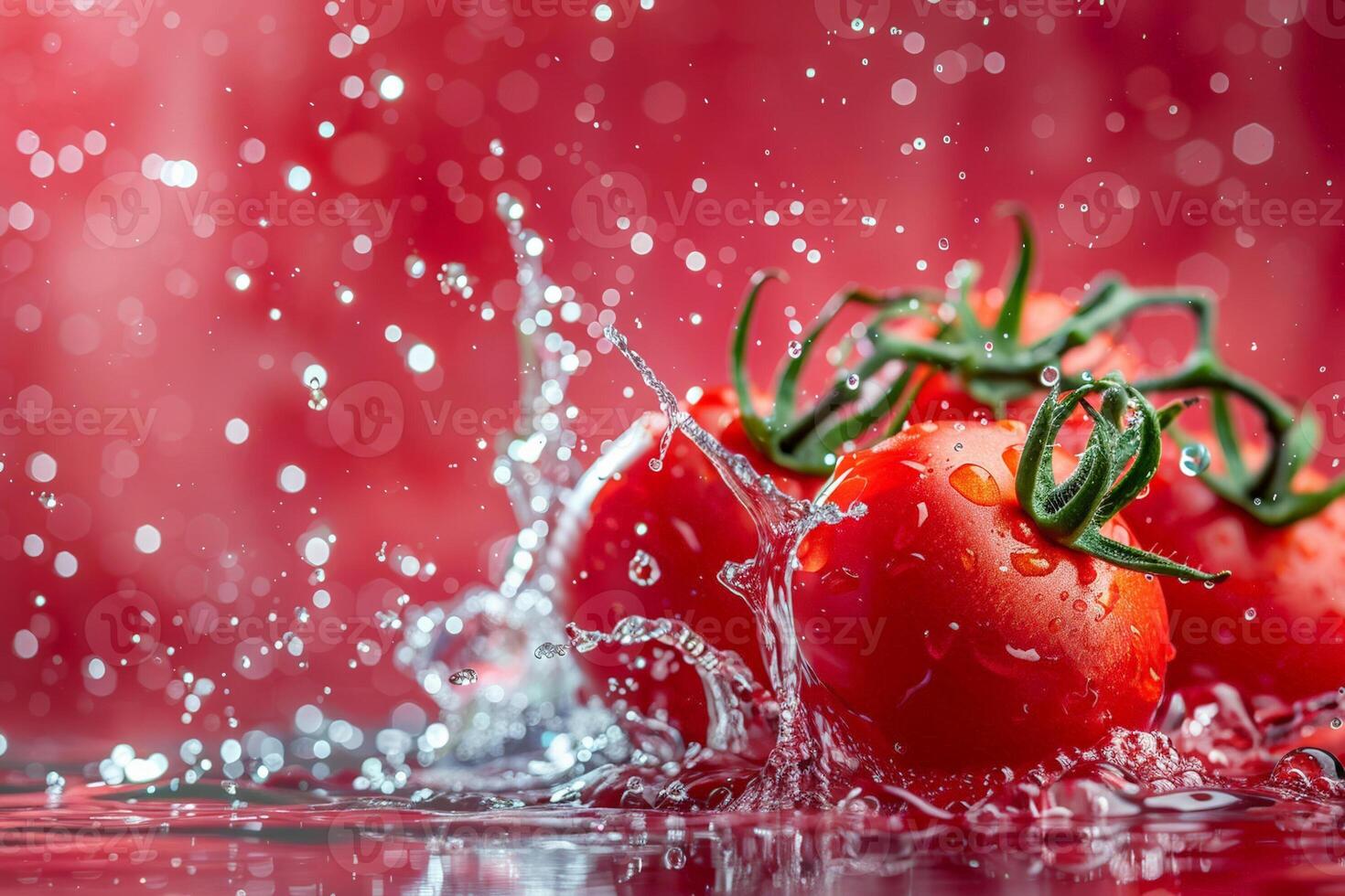 Fresh tomatoes splashing into water, dynamic action shot with water droplets and bright reds photo