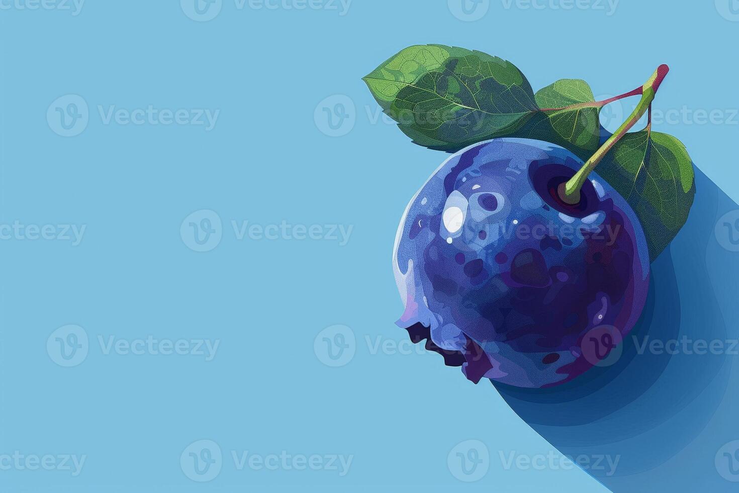 Minimalist abstract design of a blueberry, simplified shapes and bold colors on a flat blue background photo