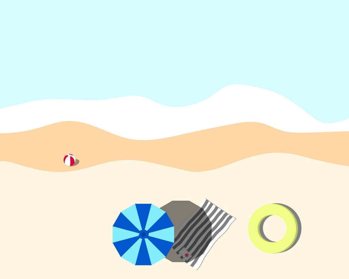 illustration of beach and sea with umbrella swim ring and ball no people in summer flat lay with copy space for poster background retail travel. eps10 vector