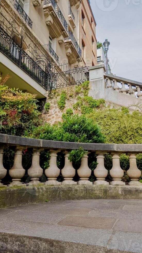 Elegant stone balustrade with lush greenery in an urban garden, ideal for architecture and landscape design content, especially in spring and Earth Day themes photo