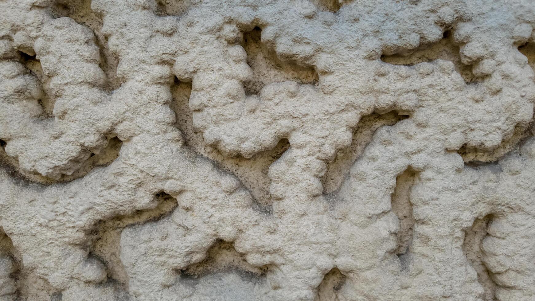 Close up of intricate stone wall carving with abstract floral pattern, suitable for backgrounds, texture overlays, and historical architecture themes photo