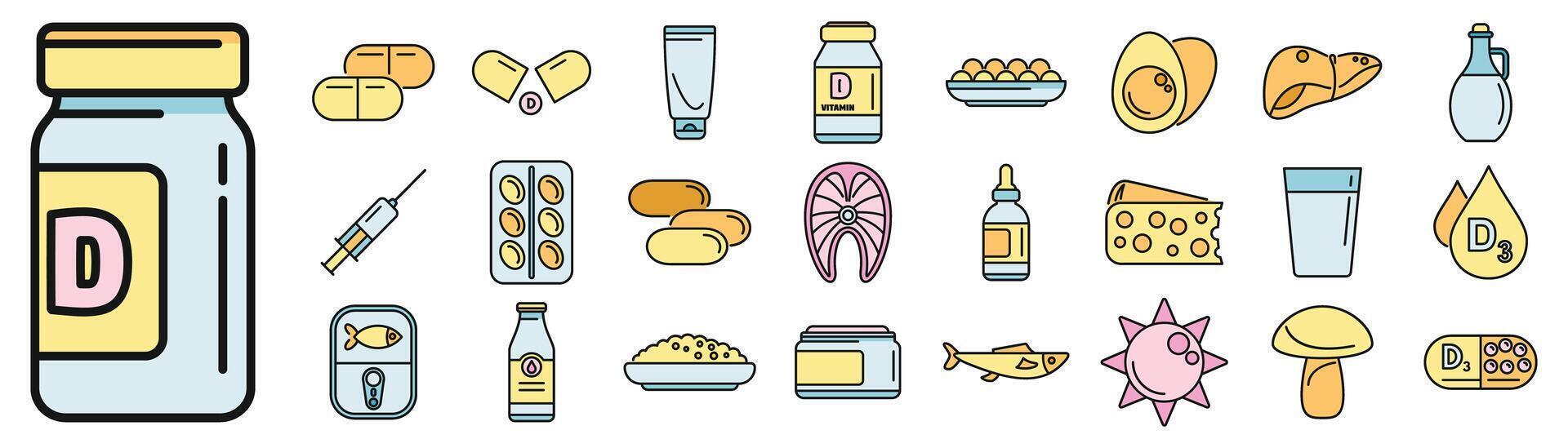 Vitamin D icons set color line vector