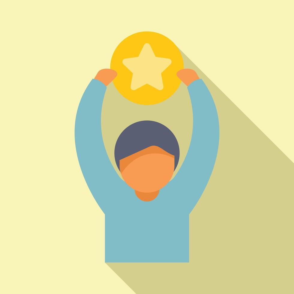 Person take reward star coin icon flat . Happy bonus vector