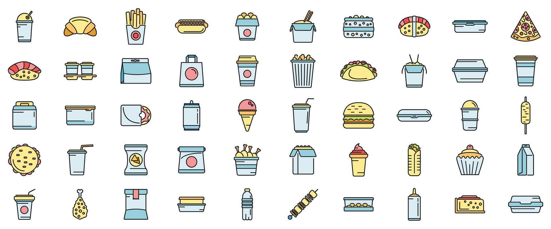 Takeaway food icons set color line vector