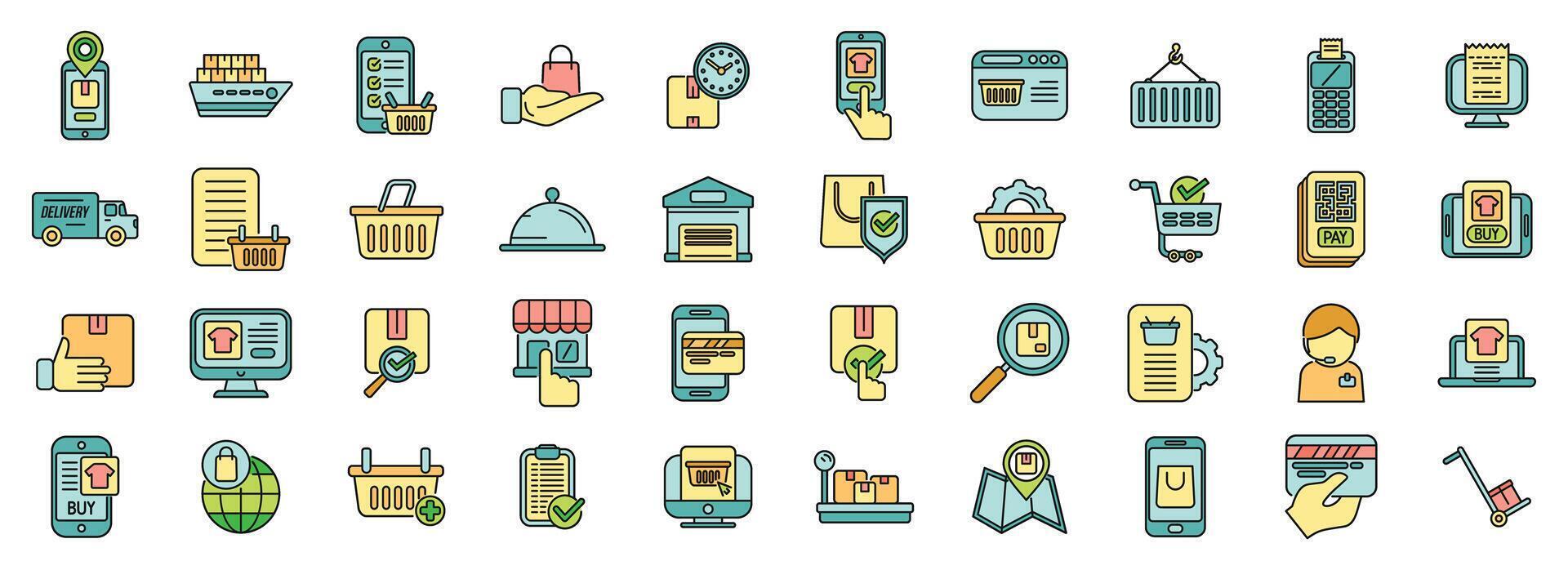 Ordering process icons set color line vector