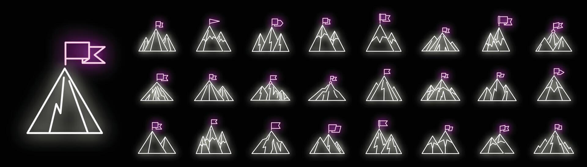 Flag on mountain icons set neon vector