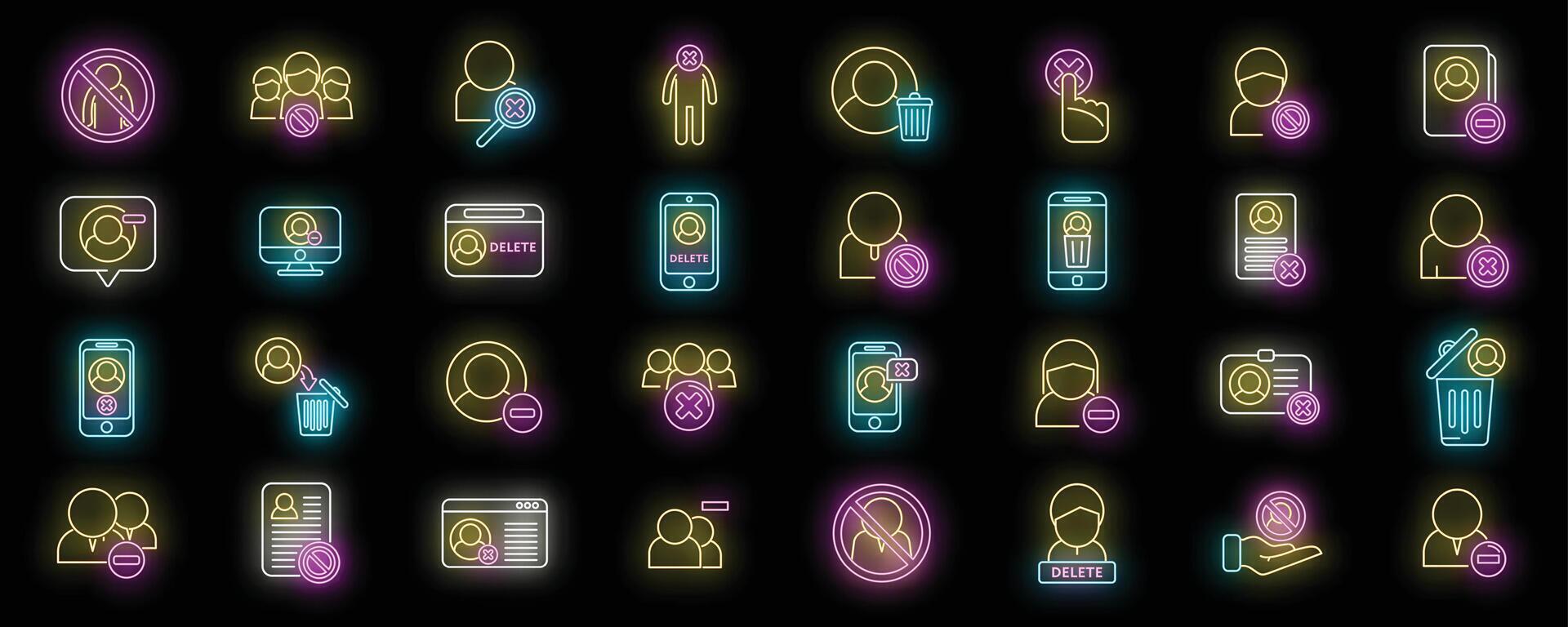 Delete user icons set neon vector