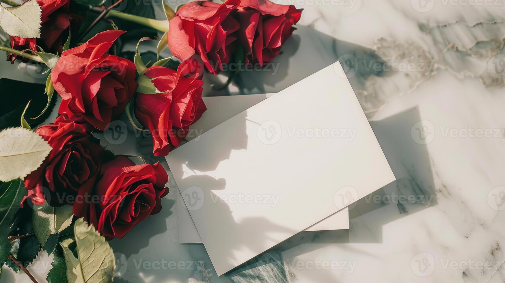 mockup of a white card beside red rose bouquet, soft pastel tones photo