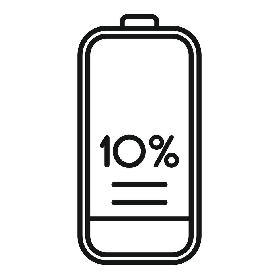 Ten percent low battery charge icon outline . Electric status vector
