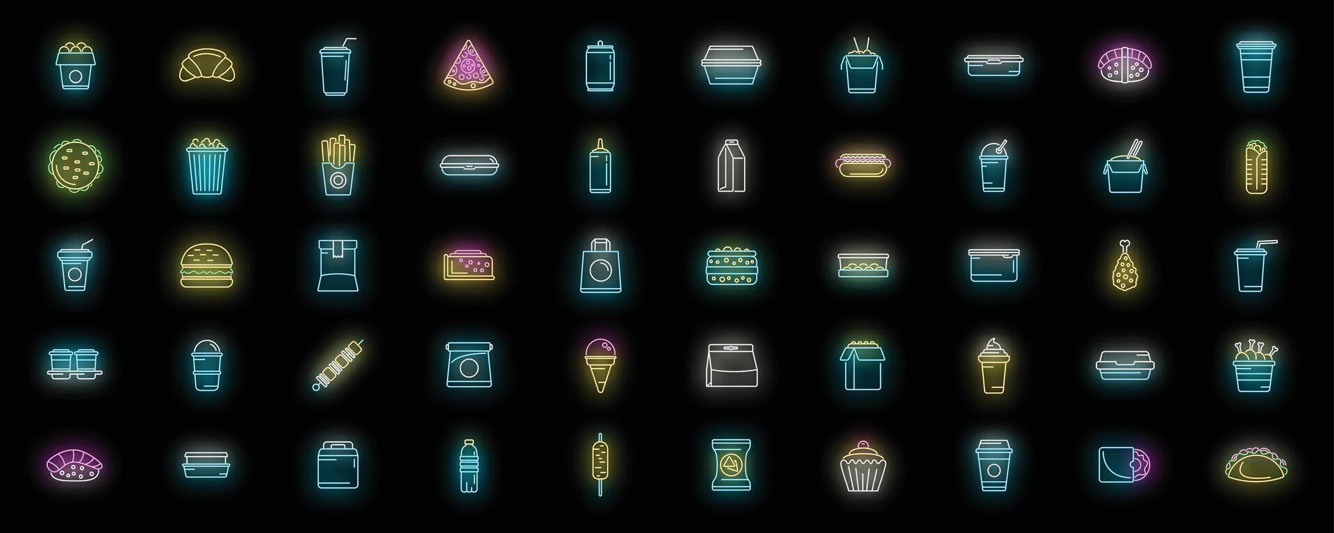 para llevar comida íconos conjunto neón vector