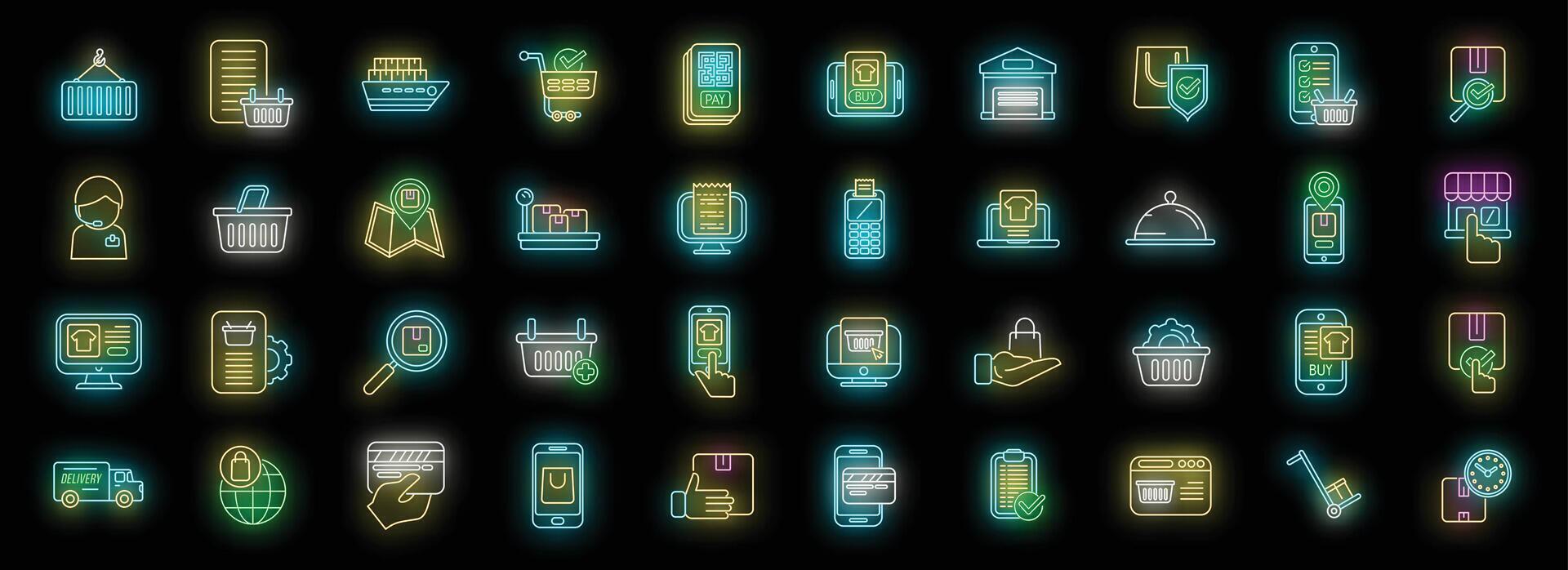 Ordering process icons set neon vector