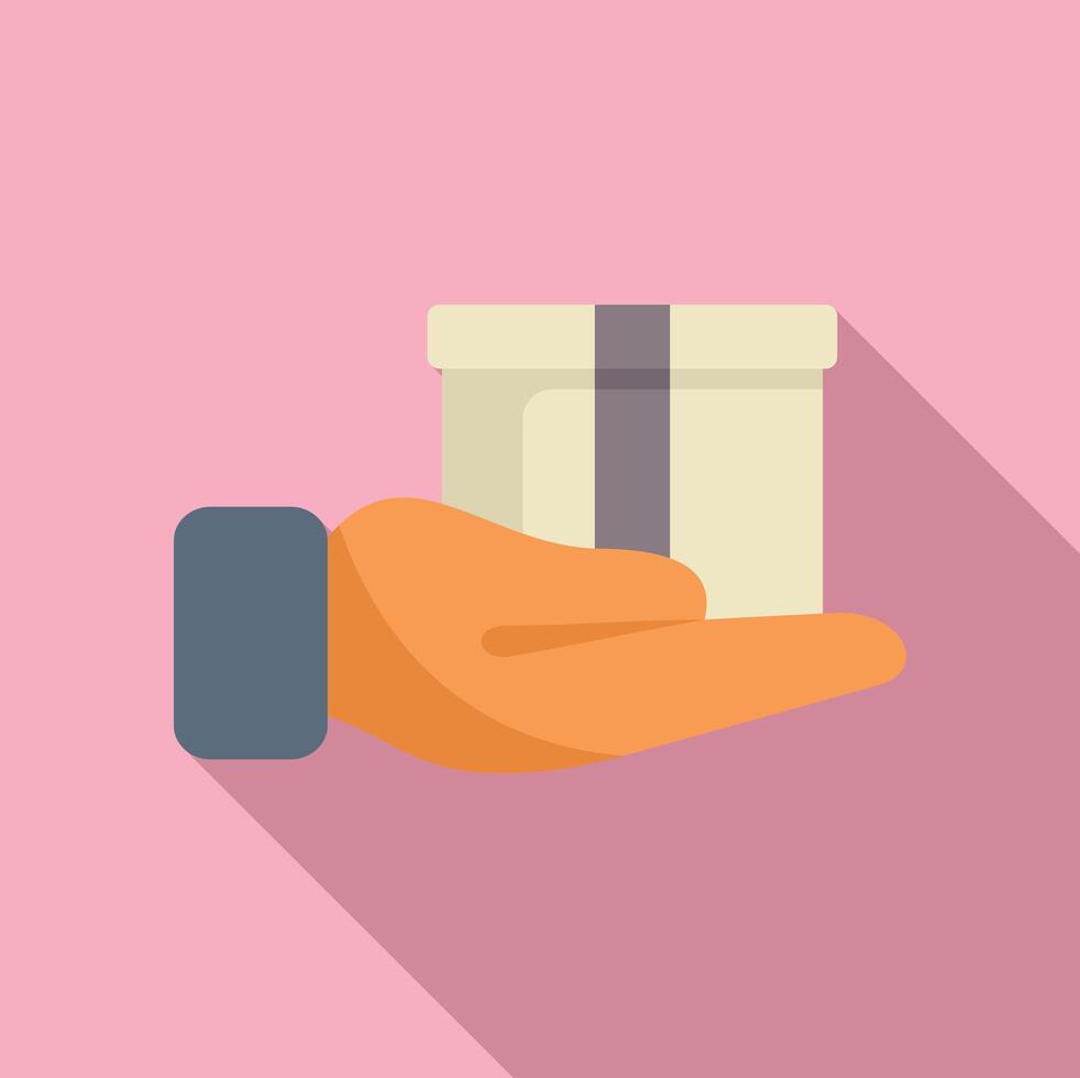 Gift box on hand icon flat . Package with ribbon vector