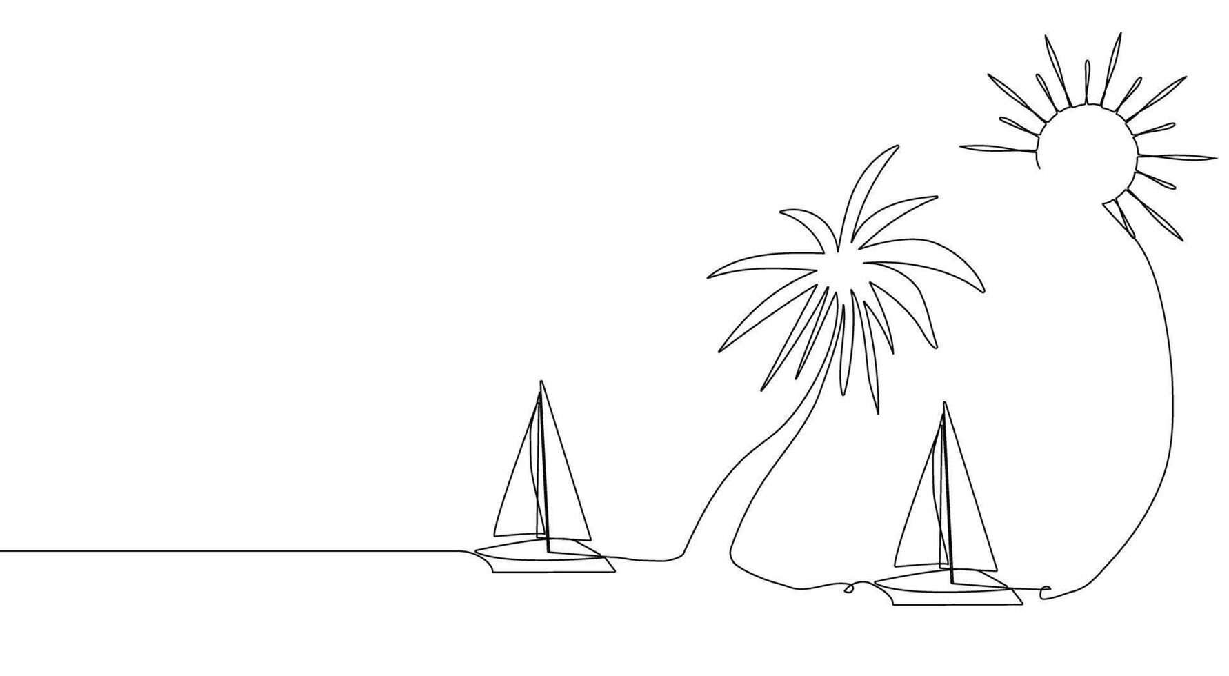 Sailboat, boat, ship, sea wave and palm tree. The concept of travel, rest, cruise, sea. Hand drawing one solid line. vector