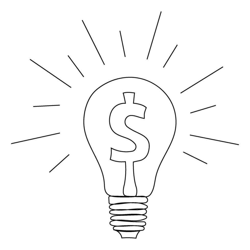 Glowing light bulb with dollar sign and rays, line art style, one line. Concept of idea, profit, income, commerce, sales. Hand drawing vector