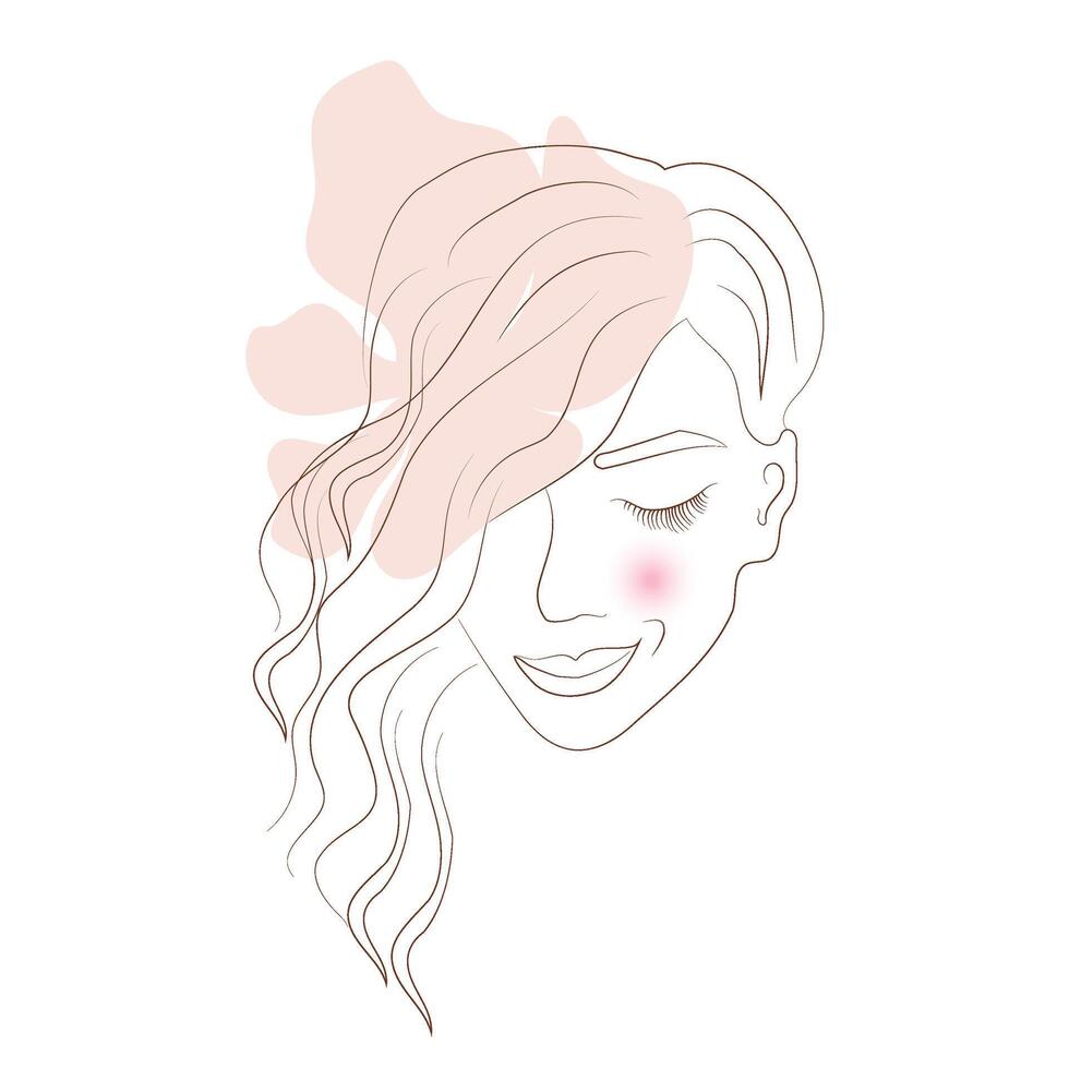 Female smiling beautiful face, with a flower in the background, contour drawing, hand drawing. For your decor, logo, poster, web or social network vector