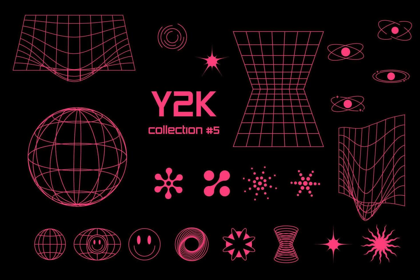 Set linear black geometric planet neon acid pink frame figure y2k, 3d . for poster, banner. vector