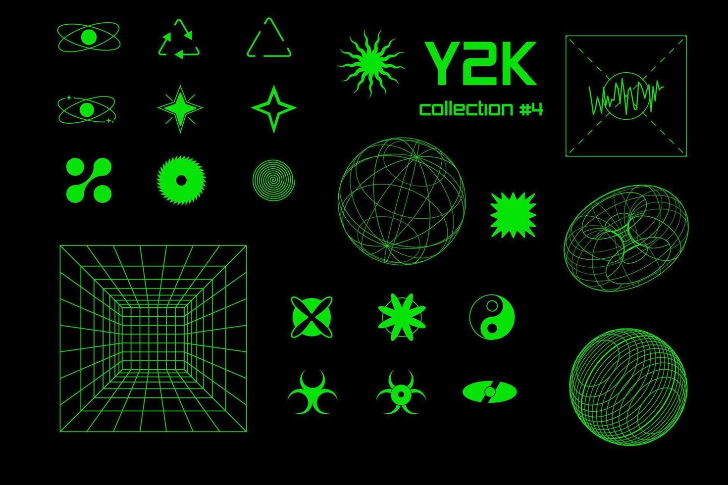 Set geometric shapes y2k, 3d green neon collection . for poster, banner. vector