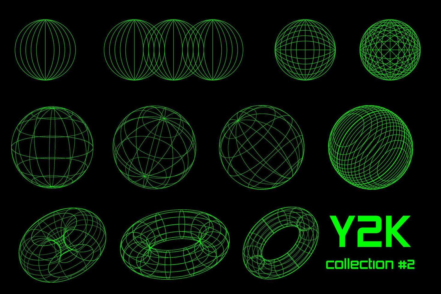 Set linear black geometric neon acid green frame figure y2k, 3d . for poster, banner. vector