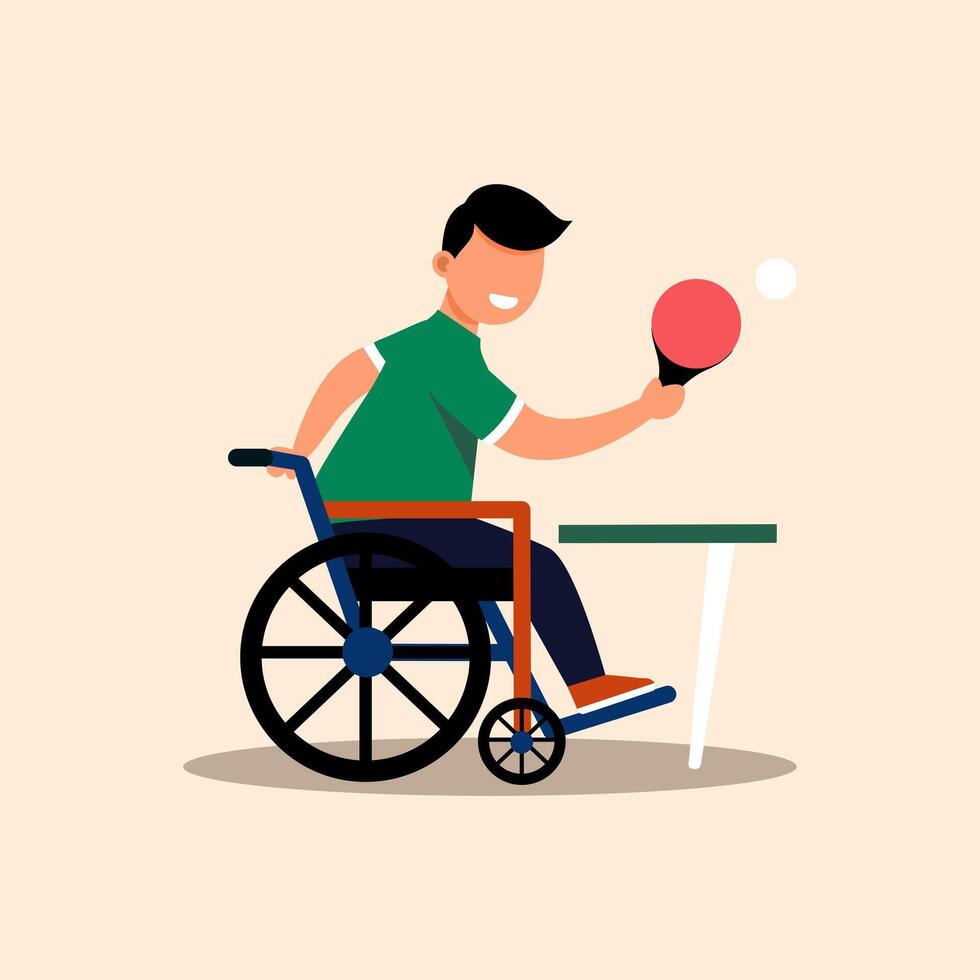 Cartoon illustration of a person using a wheelchair playing table tennis. Para athlete Paralympic table tennis. vector