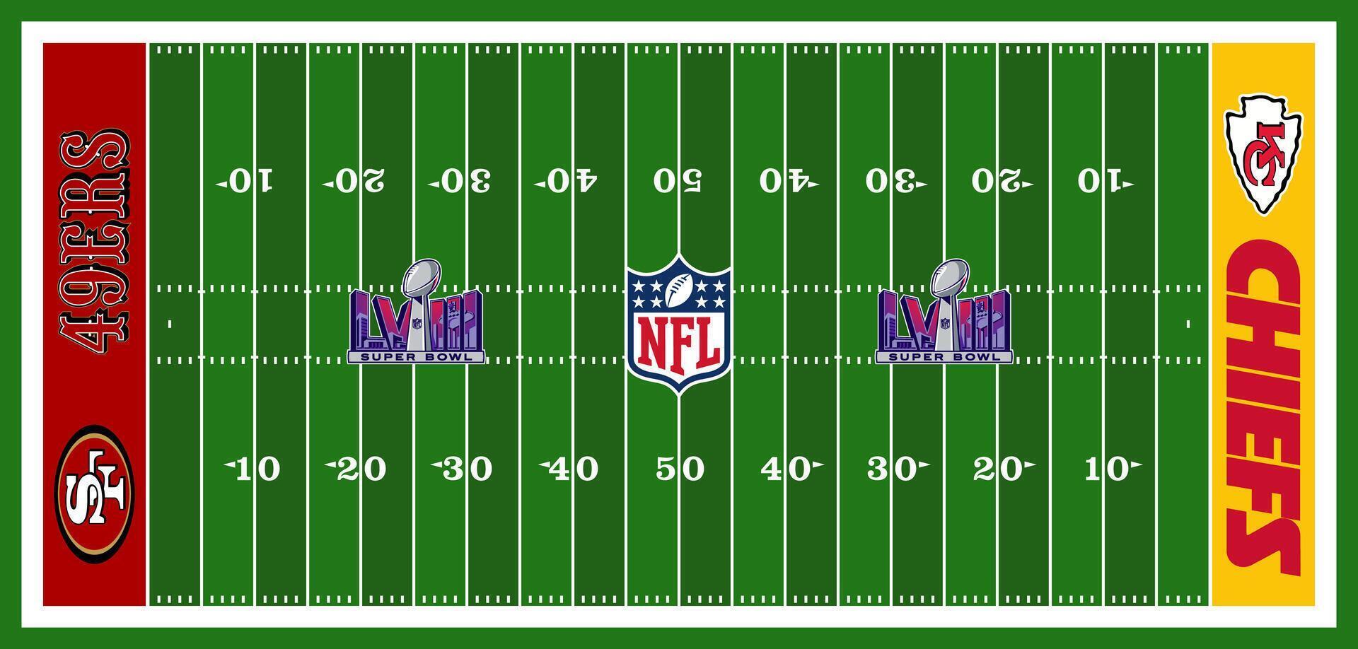 The American football field with the logos of the finalist teams San Francisco 49ers and Kansas City Chiefs in the center is the logo of the NFL and Super Bowl LVIII vector