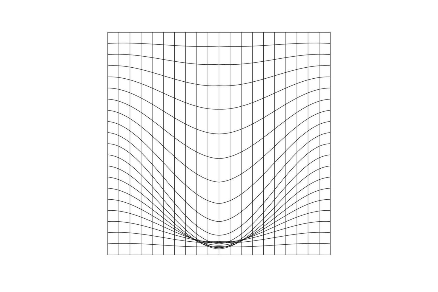 Distorted square grid. Mesh warped texture. Net with convex effect. Geometric deformation. Gravity phenomenon. Bented lattice surface isolated on white background. vector