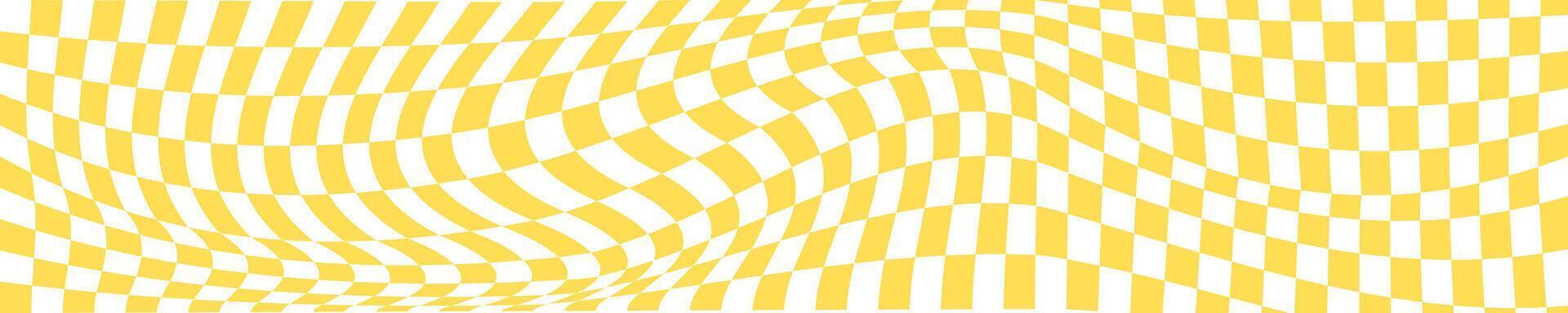 Checkered white and orange chessboard background with distortion. Psychedelic pattern with warped squares. Optical illusion effect. Trippy checker board texture. vector