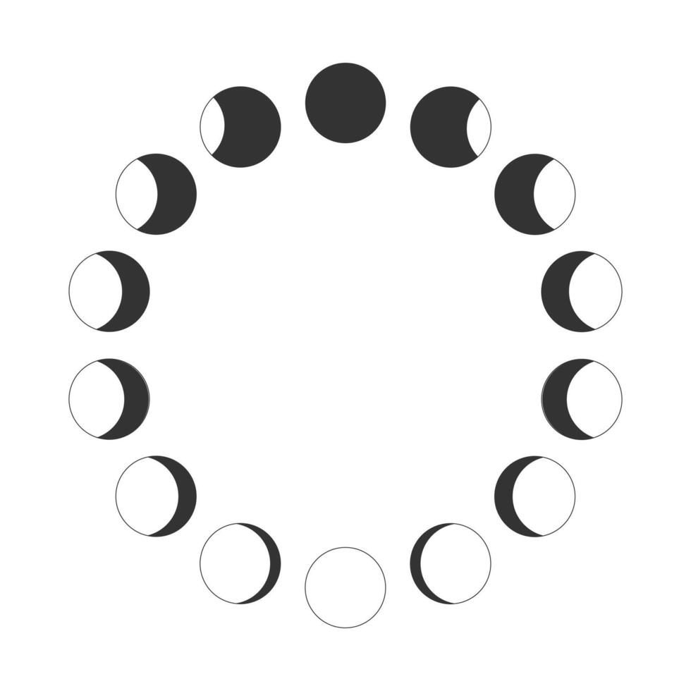 Outline Moon phases. Calendar lunar cycle. Waning and waxing Moon silhouettes moving in circle. Round shapes of Luna celestial object isolated on white background. vector