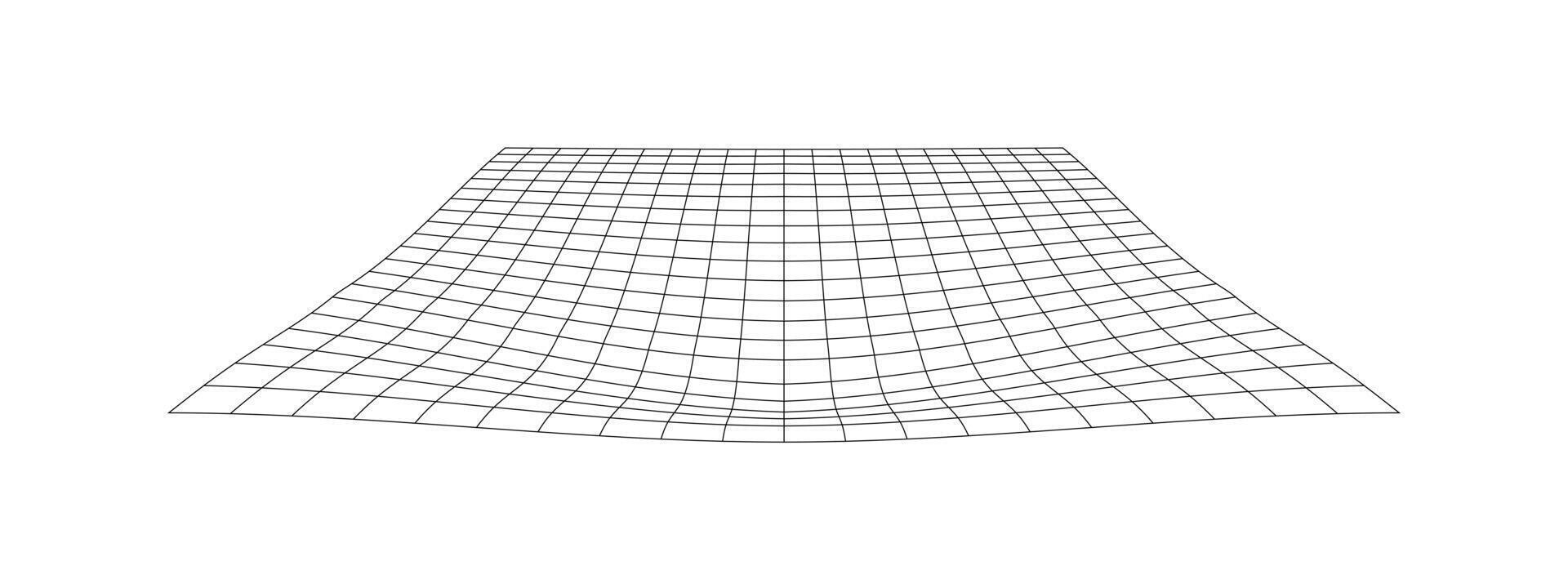 Distorted tiled floor. Grid warp texture. Futuristic waved mesh. Geometric deformation. Gravity phenomenon. Bented lattice surface isolated on white background. vector