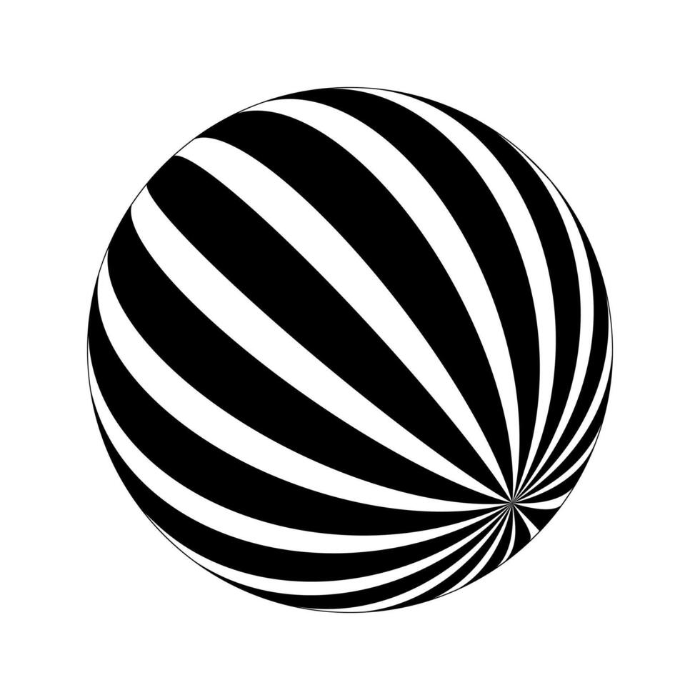 Spherical shape with black and white stripes. 3D sphere model. Striped ball isolated on white background. Globe figure in perspective vector