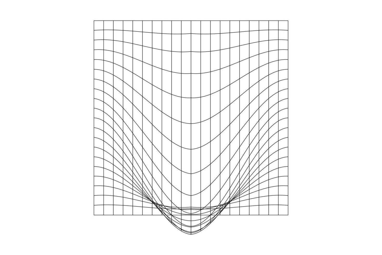 Distorted outline square grid. Warped mesh texture. Futuristic net with convex effect. Geometric deformation. Gravity phenomenon. Bented lattice surface. vector