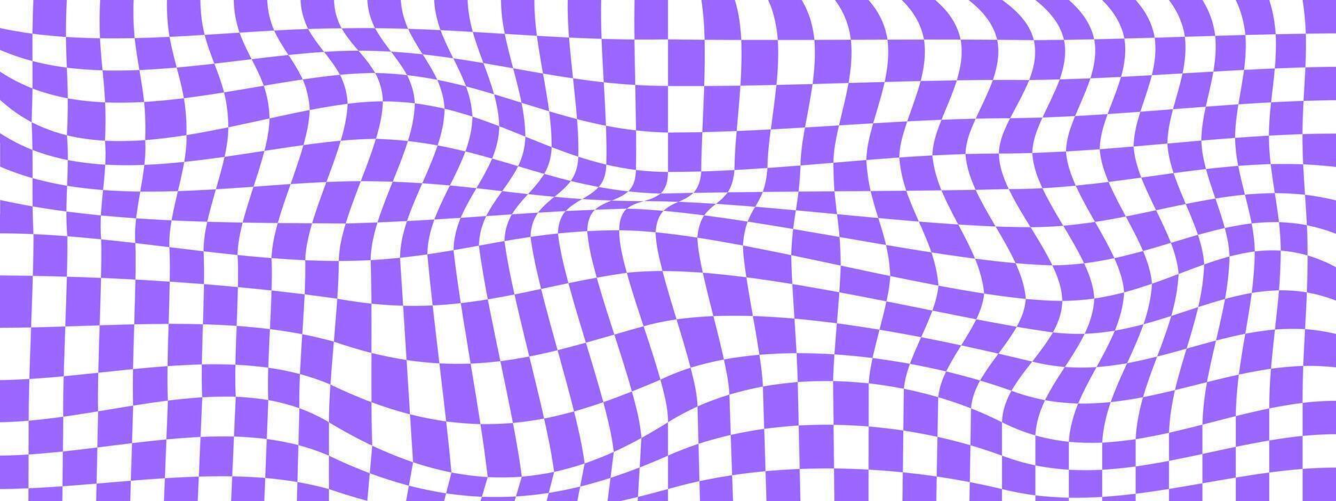 Checkered optical illusion. Distorted chessboard with purple and white squares. Psychedelic pattern. Warped checkerboard texture. Trippy background. vector