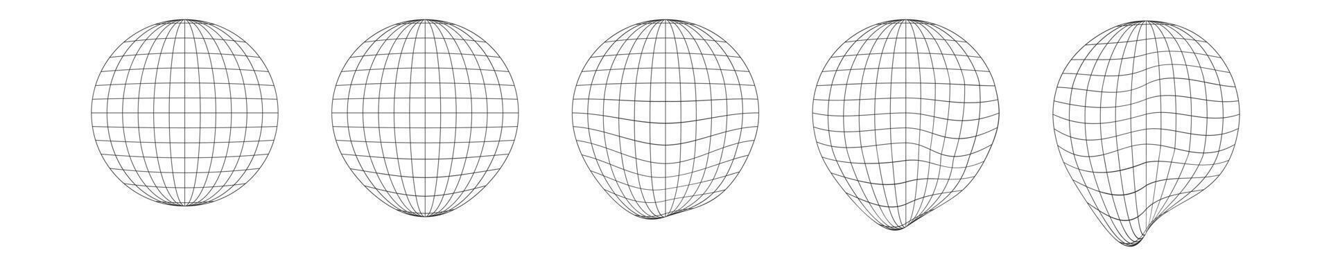 proceso de globo derritiendo. conjunto de desinflado esfera iconos distorsionado wireframes de tierra planeta aislado en blanco antecedentes. clima cambiando concepto. ecológico problema. vector