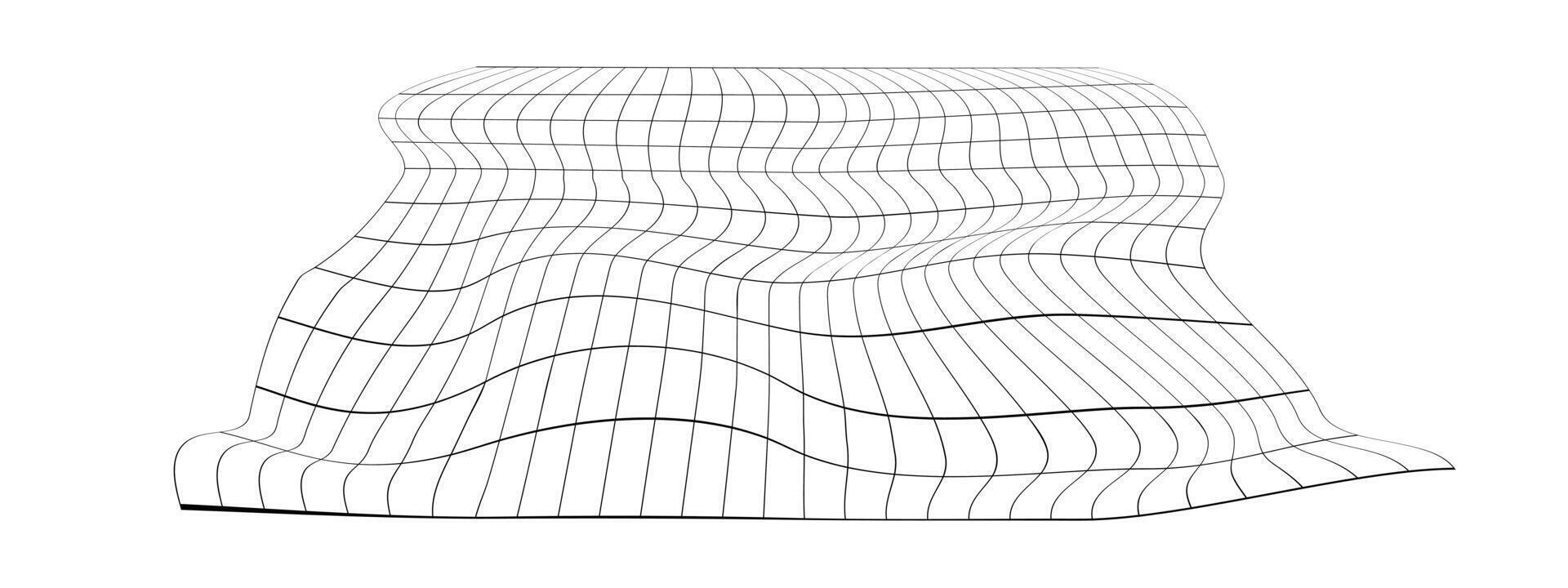 Distorted grid. Warped mesh texture. Net with curvatured effect. Checkered pattern deformation. Bented lattice surface isolated on white background. vector