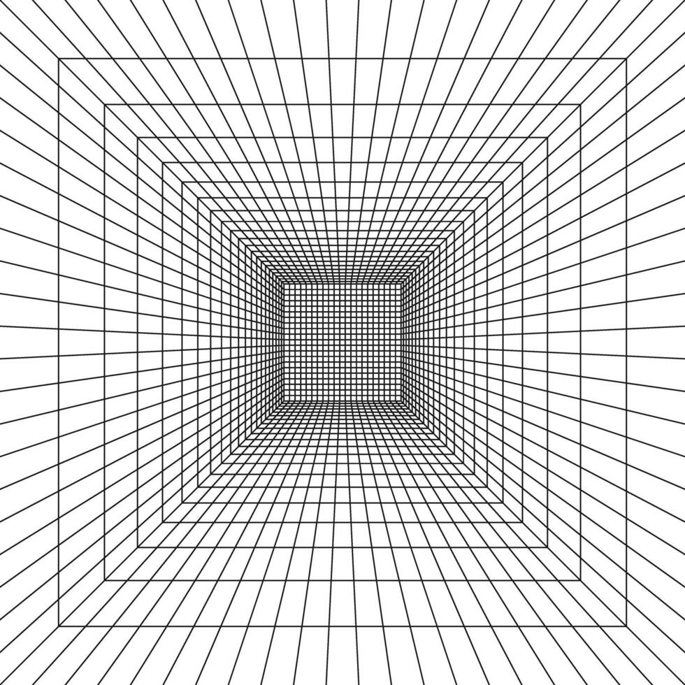 Square room, hallway, studio or portal wireframe in perspective. Box grid structure. Mesh in 3D dimension. Engineering, architecting or technical scheme. vector