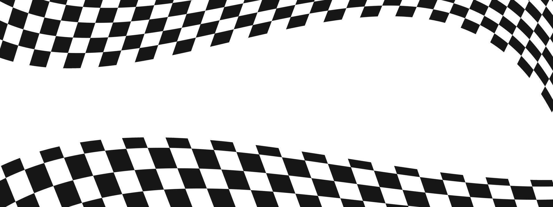 Waving race flags background with copyspace. Motocross, rally, sport car competition wallpaper. Warped black and white squares pattern. Checkered winding texture. vector