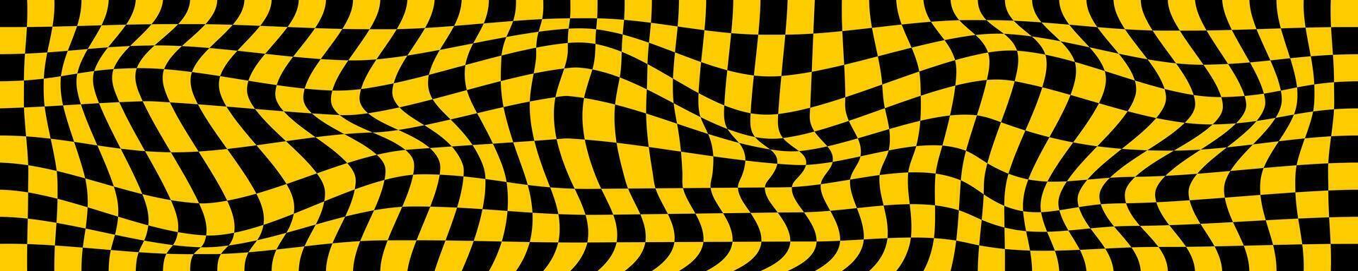 Psychedelic pattern with distorted black and orange squares. Checkered optical illusion. Warped chessboard background. Trippy checkerboard surface. vector