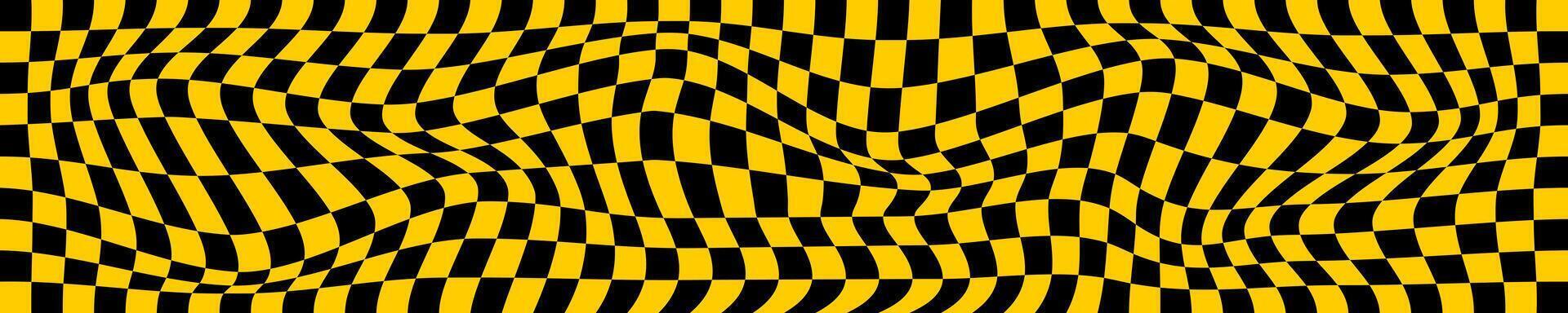 Psychedelic pattern with distorted black and orange squares. Checkered optical illusion. Warped chessboard background. Trippy checkerboard surface. vector