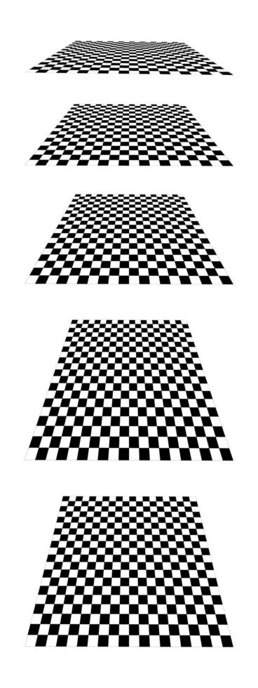 Set of checkered planes in perspective isolated on white background. Tiled floor point of view. Sloped checkerboard texture. Inclined board with black and white squaresd pattern. vector
