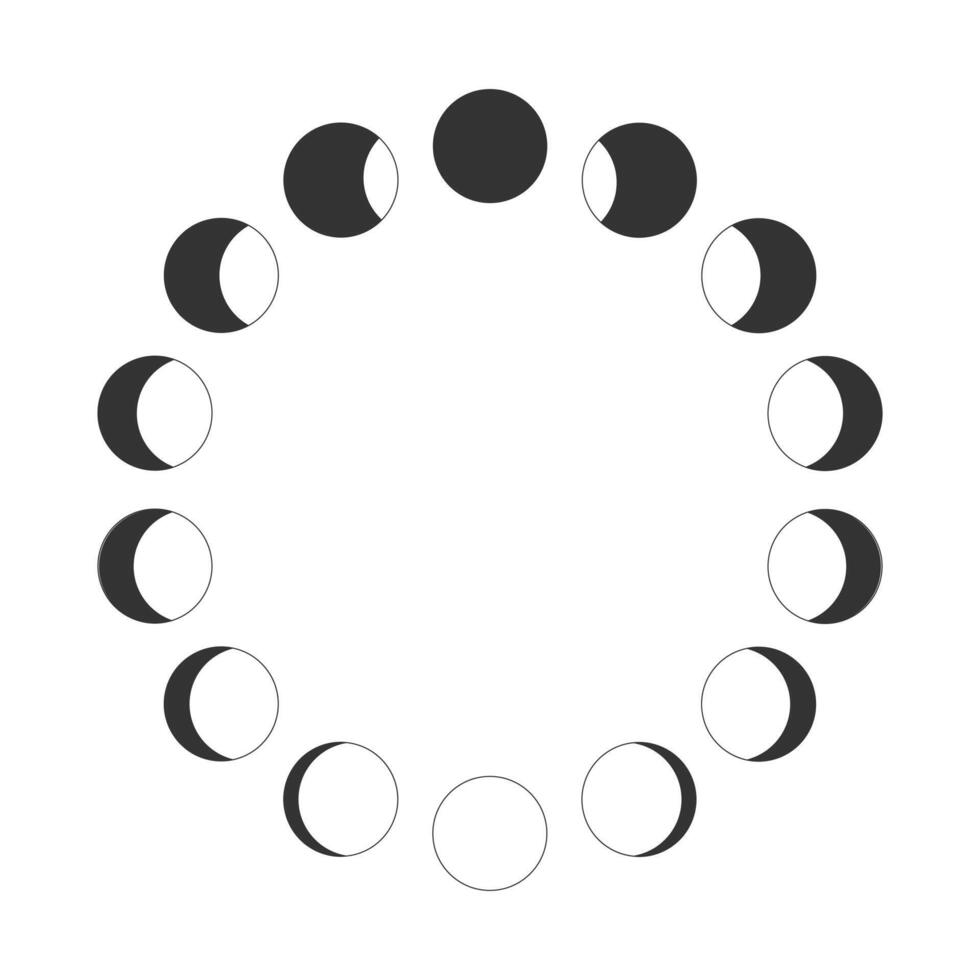 Moon phases. Calendar Lunar cycle. New, quarter, half, full Moon silhouettes moving around in circle. Round shapes of Luna celestial object isolated on white background. vector