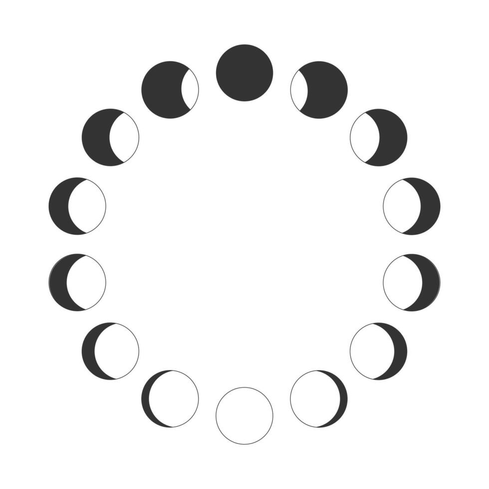 Moon phases. Calendar Lunar cycle. New, quarter, half, full Moon silhouettes moving around in circle. Round shapes of Luna celestial object isolated on white background. vector