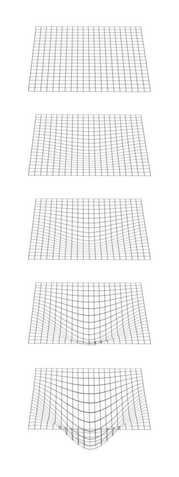 Process of grid distortion. Set of mesh warped textures. Net with convex effect. Geometric deformation. Gravity phenomenon. Bented lattice surface. vector