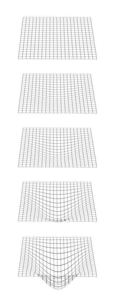 Process of grid distortion. Set of mesh warped textures. Net with convex effect. Geometric deformation. Gravity phenomenon. Bented lattice surface. vector