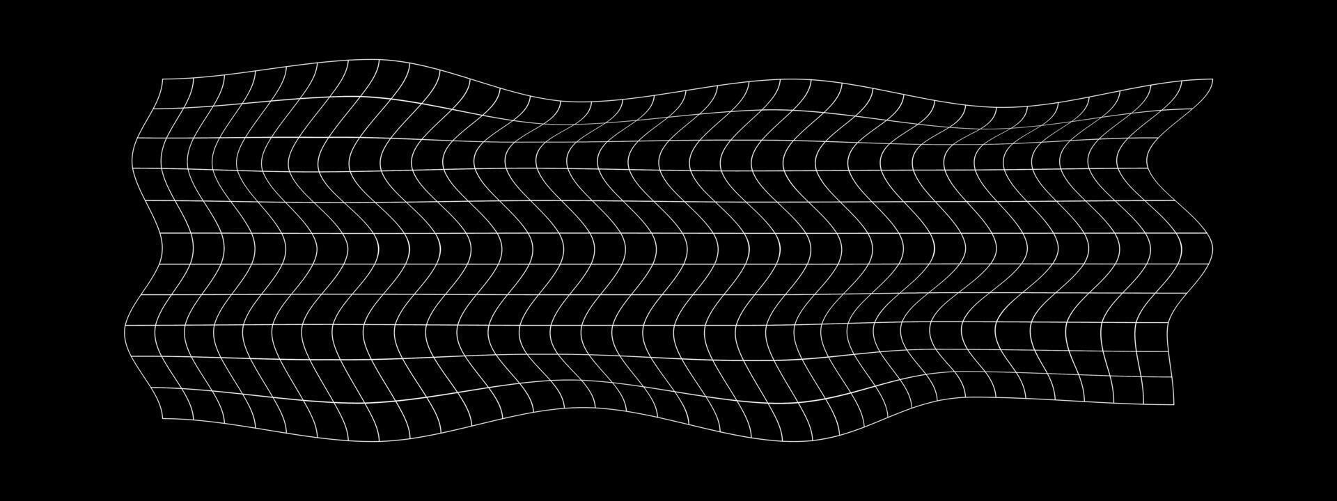 Distorted white grid on black background. Warped mesh texture. Fish net with curvatured effect. Checkered pattern deformation. Bented lattice surface. vector