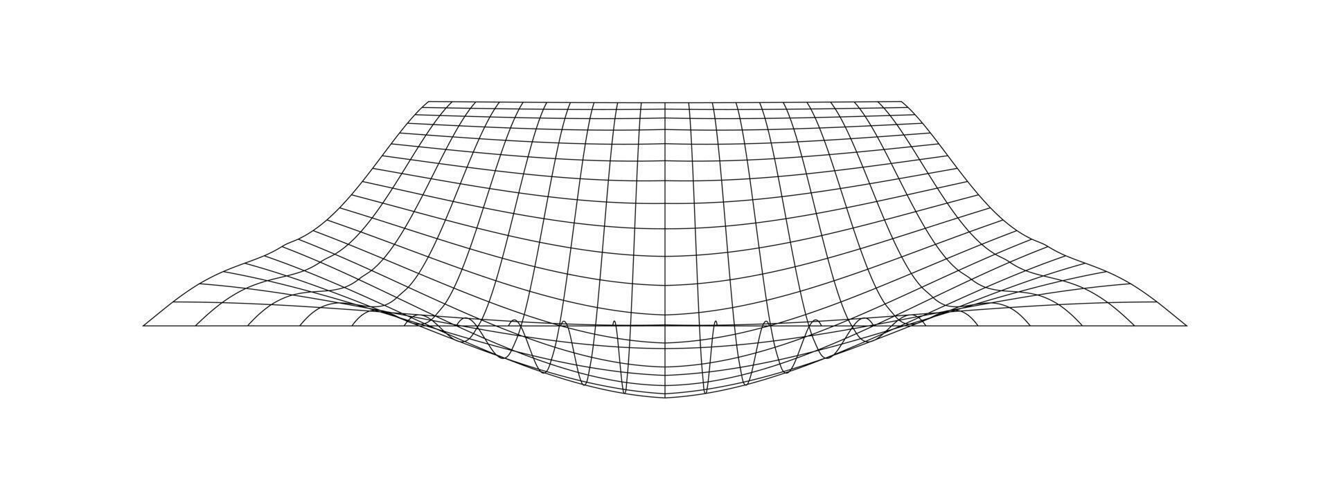 Grid with convex effec. Futuristic distorted net. Warped mesh texture. Geometric deformation. Gravity phenomenon. Bented lattice surface isolated on white background vector