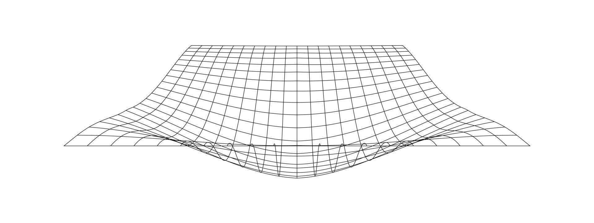 cuadrícula con convexo efecto. futurista distorsionado neto. deformado malla textura. geométrico deformación. gravedad fenómeno. doblado enrejado superficie aislado en blanco antecedentes vector