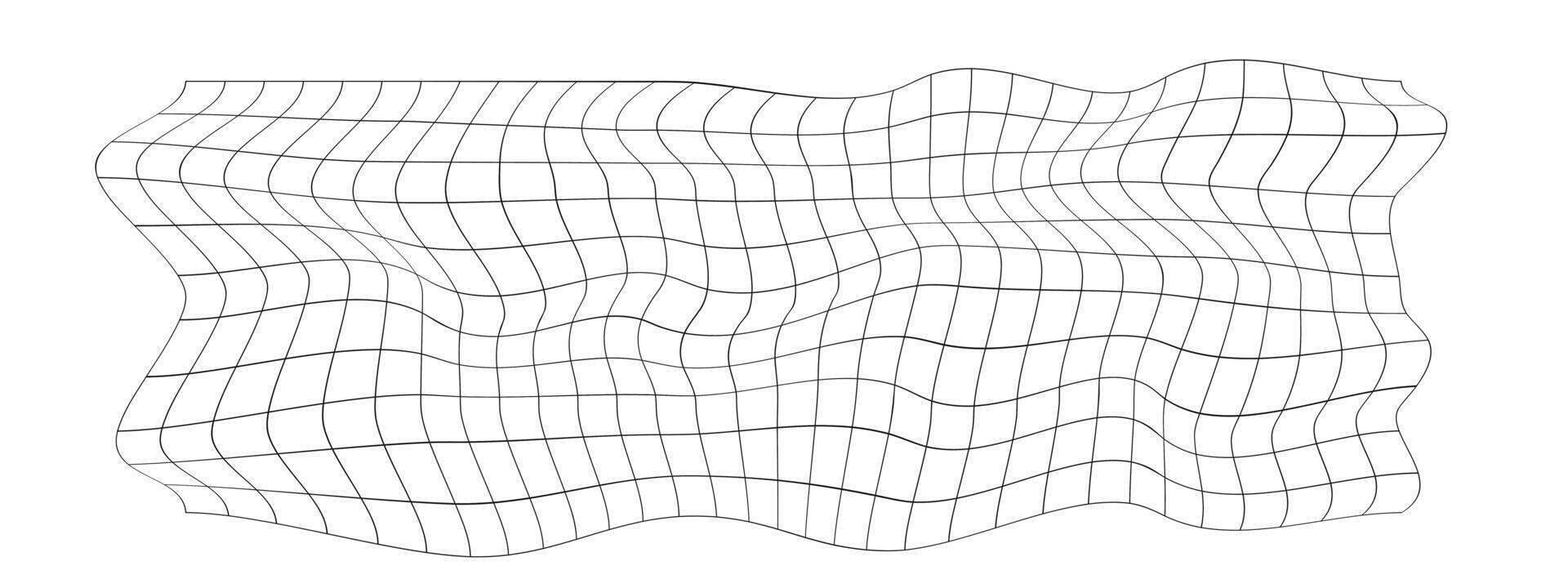 Mesh warp texture. Distorted grid. Rectangle net with deformation. Checkered pattern with optic illusion effect. Bented lattice surface isolated on white background. vector