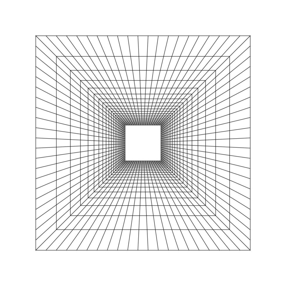 Room, hall, studio or portal wireframe in perspective. Box grid structure. Mesh in 3D dimension. Engineering, architecting or technical scheme. Isometric cell frame. vector