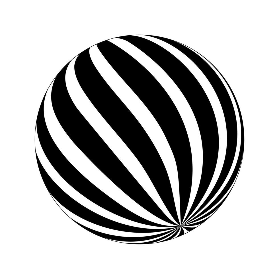 Spherical shape with twisted black and white stripes. 3D sphere model. Modern ball isolated on white background. Globe figure in perspective. vector