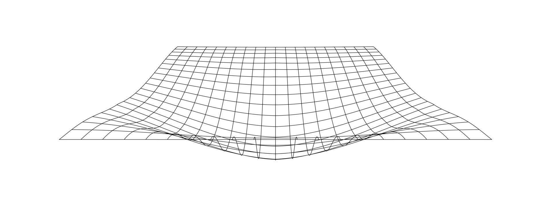 Net with convex effect. Distorted grid surface. Mesh warp texture. Geometric deformation. Gravity phenomenon. Bented lattice isolated on white background. vector